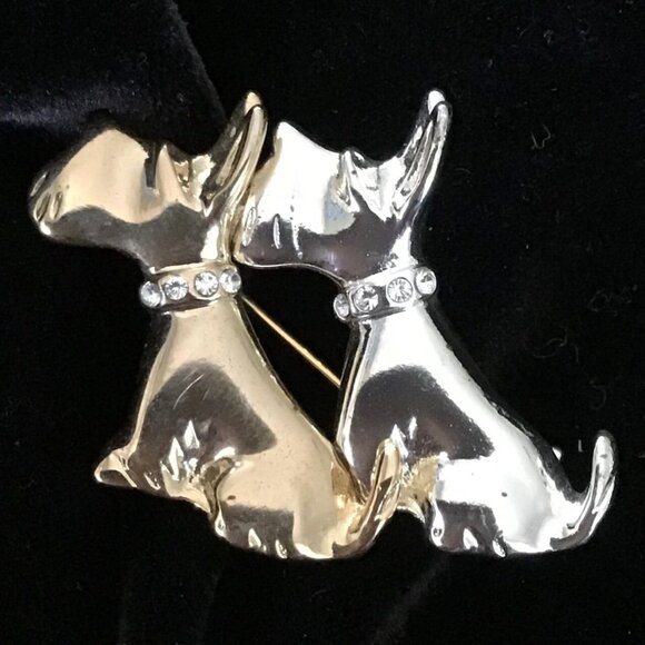Scotty Brooch, Gold and Silver Pair Pin  Rhinestone Collars - Picture 1 of 5